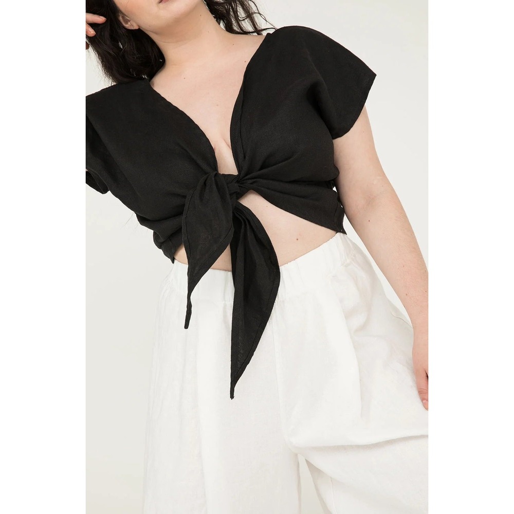 Elizabeth Suzann Maxine black 100% Silk Tie Front Reversible Crop Top Size Se